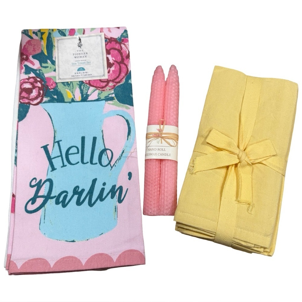 Girly Eco Gift Set- Floral Tea Towels, 100% Cotton Napkins & Beeswax Candle Set